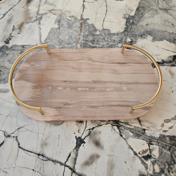 Kenzie Marble Tray in Nude W/ Gold Handles