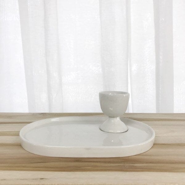 Ceramic Egg Cup & Plate Set in White