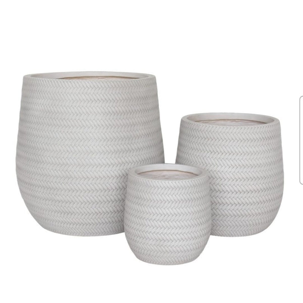 Weave Effect Ceramic Plant Pot in White - Medium