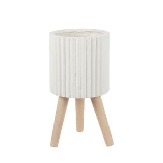 Lilly Ribbed Planter W/ Wood Legs in White (S)